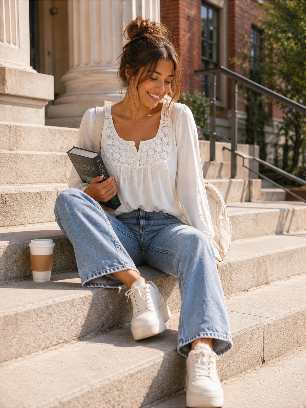 Jones New York White Crochet-Yoke Flare Sleeve Top